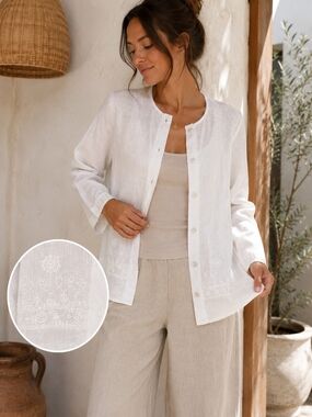 100% Linen Embroidered Tunic Blouse White Medium Made USA